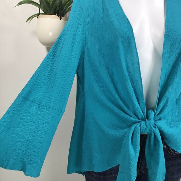 Tianello‎ Turquoise Yuriko Blouse Crinkle Open or Knot Front Cardigan Top Size S - Picture 5 of 10
